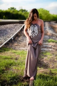 Love Stitch Embroidered Taupe Maxi Dress Tassel Boho NWT Size Small - Picture 1 of 6