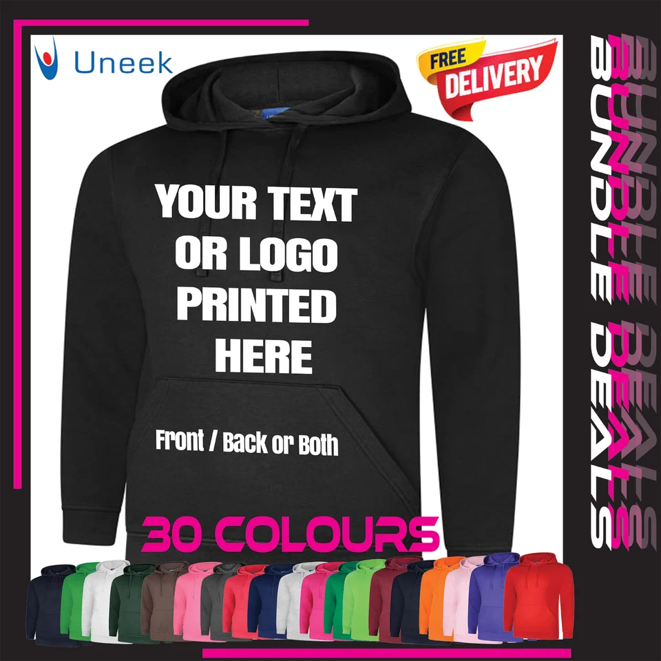 Personalised Custom Printed Hoodie stag hen your text logo unisex workwear top - Изображение 1 из 4