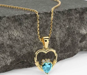 Claddagh Aquamarine & Moissanite Heart Shape Pendant 14kGold Finish Gift For Her - Picture 1 of 5