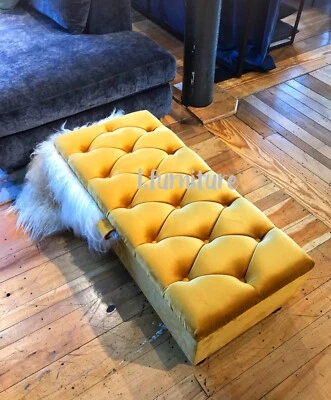 Mustard Gold Pouffe Wooden Chesterfield Velvet Footstool with Storage - Image 1 of 4