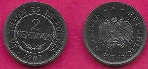 BOLIVIA 2 CENTAVOS 1987 UNC 1 YEAR TYPE,NATIONAL ARMS,STAR BELOW,DENOMINATION WI - Picture 1 of 1