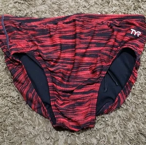 TYR SWIM BRIEF red and black striped pattern sz 38 preowned elastic good - Picture 1 of 5