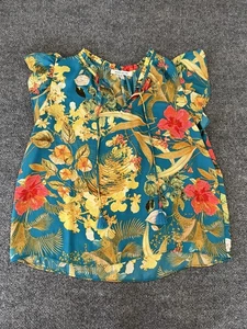 Blusa rosa + oliva para mujer verde azulado medio floral tropical manga acampanada borla - Imagen 1 de 9