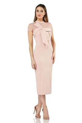 JS COLLECTIONS Blush Bow Front Sheer Illusion Stretch Crepe Cocktail Dress 16 XL - Image 1 of 4