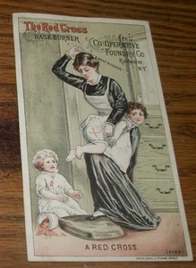 VICTORIAN TRADE CARD~THE RED CROSS BASE BURNER~COOPERATIVE FOUNDRY, ROCHESTER NY - Picture 1 of 2