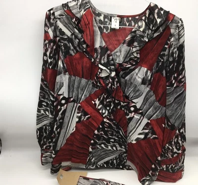 Blusa East 5th Para Mujer Manga Larga Volantes y Corbata Cinturón Rojo Negro Sensación Satinada 1X Foto 1 de 4