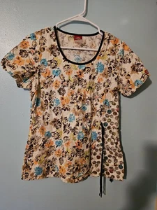 Dickies Brand Multicolor Flowers And Dots On Tan Scrub Top  - sz S - Picture 1 of 4