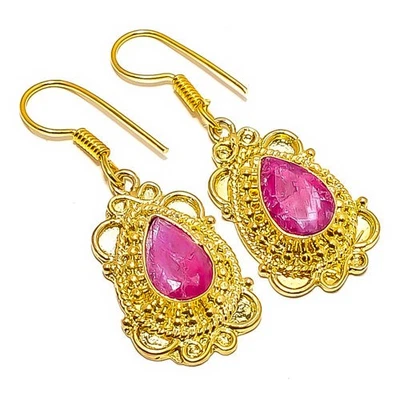 Pendiente antiguo chapado en oro amarillo de 18k con piedras preciosas de rubí (simulado) 1,76" E7-587 Foto 1 de 3