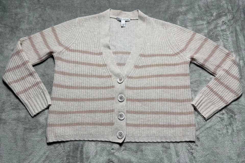 Autumn Cashmere Cardigan Sweater Women’s S Beige Stripes Knit 100% Cashmere - Image 1 of 4