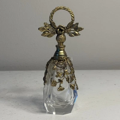 Botella de perfume vintage con superposición de latón Dauber de vidrio floral Foto 1 de 4