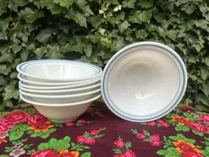 Corning Vtg White Milk Glass Teal/Aqua Rings 3" Deep 8.5” Serving Bowl-Lot Of 7 - Picture 1 of 9