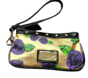 Betsey Johnson Handgelenktasche mit Herz Nieten goldfarben mit lila Blumen Reißverschluss NEU - Bild 1 von 16