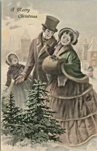 MM Vienne Österreich — Familie mit Weihnachtsbaum Vintage Postkarte ~ A/S H. Schubert - Bild 1 von 2