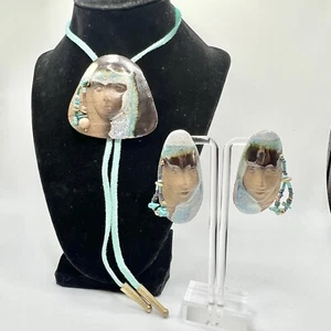 Vintage Southwestern Native Carved Pottery Beaded Bolo Tie Pierced Earrings Set - Picture 1 of 12
