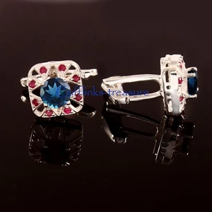 Natural London Blue topaz & Ruby Gemstones 925 Sterling Silver Cufflinks #6230 - Picture 1 of 6