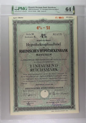 Stocks & Bonds, UNC, Germany, 1943, 1000 Reichsmark 4% Bond, PMG 64 EPQ - Image 1 of 2