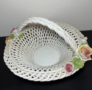 Vintage Ceramic Iron Round Flowered Basket Braided Handle White Italy - Picture 1 of 12