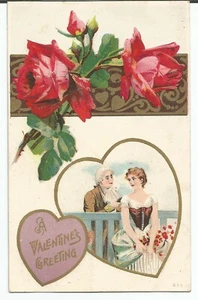 Valentine Roses Colonial Couple Posted 1912 Vintage Postcard - Picture 1 of 2