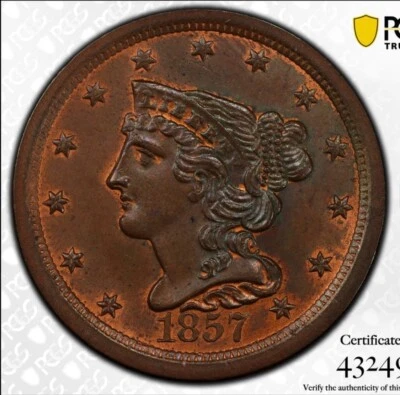 1857 Braided Hair Half Cent,  PCGS MS63RB CAC - Image 1 of 3