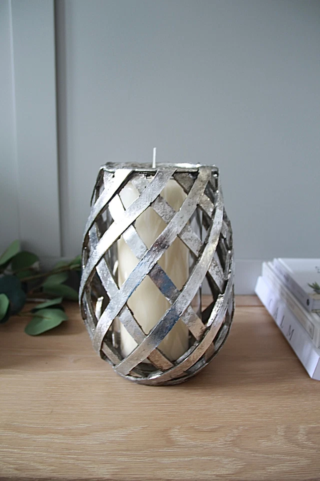 Aspen Lattice Candle Lantern, Silver Ceramic - Image 1 of 1