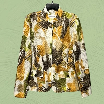 Blazer Dorado Talla 10 Elegante Chaqueta Cremallera Completa Verde Beige Bolsillos Cuello Mandarín Foto 1 de 4