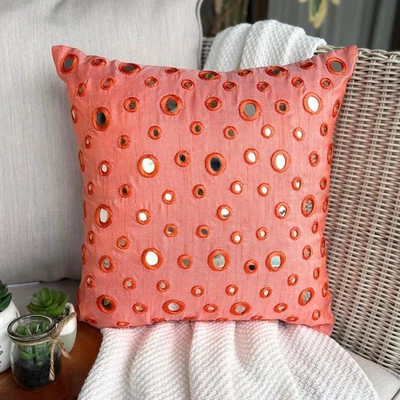Cushion Case Orange 16"x16", Square Silk Dotted Mirror Embroidery - Mirror Fun - Image 1 of 4