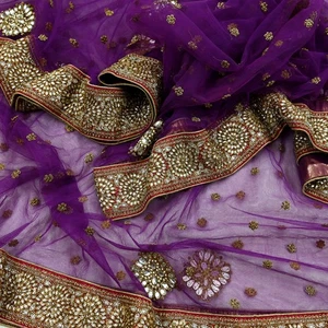 Vintage Heavy Dupatta Purple Net Hand Embroidered Designer Sabyasachi Veil Dabka - Picture 1 of 21
