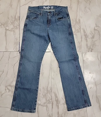 Jeans Wrangler retrô slim boot cut azul denim caubói ocidental masculino 31x30 - Imagem 1 de 4