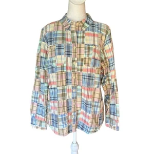 LL Bean Button Front Top Plaid Patchwork Long Sleeve Cotton Womens Large Petite - Picture 1 of 11