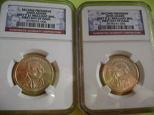 John Adams P&D NGC 2007 brillante sin circular primer día emisión conjunto de 2 monedas de dólar - Imagen 1 de 4