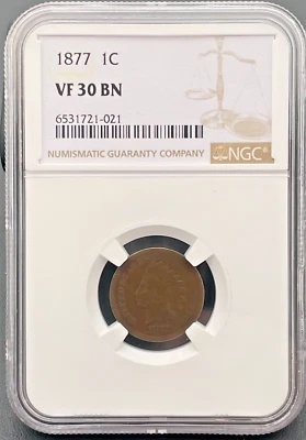 1877 Indian Head 1 Cent, Penny  NGC VF-30 Brown, Low Mintage Key Date Coin - Image 1 of 4