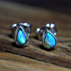 100% Original Fire Opal Pear Gemstone 925 Sterling Silver Women Stud Earrings - Picture 1 of 4