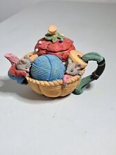 Teapot Shaped, Sewing Basket 2 Mice Yarn Strawberry Trinket Box Ceramic Resin