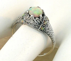 VICTORIAN STYLE LAB-CREATED OPAL 925 STERLING SILVER FILIGREE RING #643 - Picture 1 of 4
