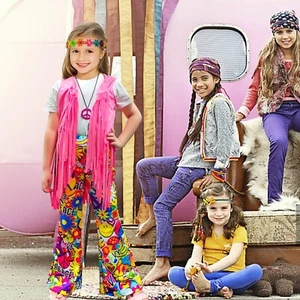 8 pcs set Girls Kids 60s 70s Hippie fringe vest Boho Bell Bottoms Flare Pants - Picture 1 of 26