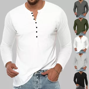 Mens Henley Shirt Tops Long Sleeve Button Casual Slim Fit Grandad T Shirt Blouse - Picture 1 of 17