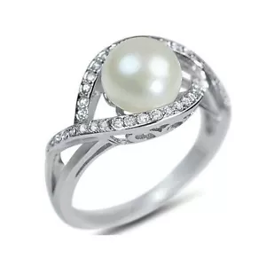Runder Süßwasserperlen Sterlingsilber Ring mit weißen cz Akzenten 925 - Bild 1 von 3