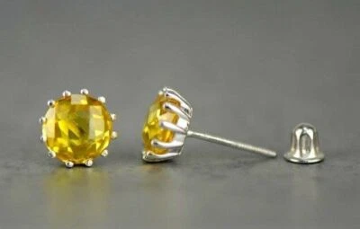 14K 纯白金 6 毫米圆形生日石耳钉带螺丝背 — 第 1/4 张图片