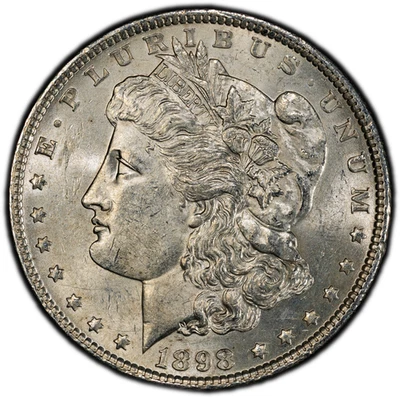 Сертифицированный PCGS серебряный Моргановский доллар 1898-P AU58 с хорошим ударом и привлекательным для глаз - Изображение 1 из 4