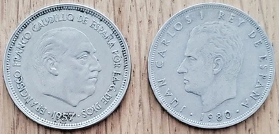 Lot of 2 RARE Spain 25-Pesetas Coins (1957, 1980) FREE SHIPPING - Image 1 of 2