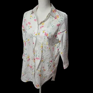 Lands End No Iron Supima Cotton Floral Button Down Shirt Womens Size 6 White - Picture 1 of 15