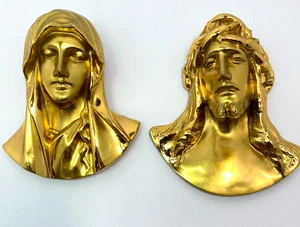 VTG Gold Jesus & Mary Wall Plaques Religious Decor Pair Christian Art FLAW - Picture 1 of 13