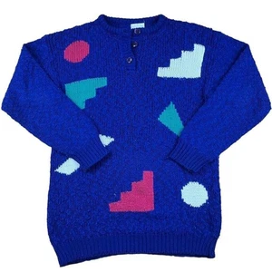 Blue Vintage Jumper Colour Block Button Jumper Medium Hipster Retro - Picture 1 of 8
