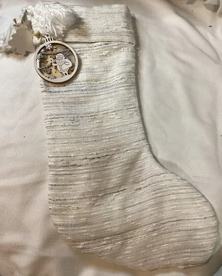 TAHARI Home CHRISTMAS STOCKING Cream / White With Black/ Silver Threads Tassels - Image 1 of 4