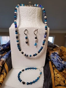 Kette Collier Perlenkette Millefiori blau/weiß, Set - Bild 1 von 1