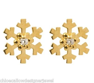 9ct Yellow Gold Snowflake CZ Gem Set Ear Studs Earrings + gift bag - Picture 1 of 2