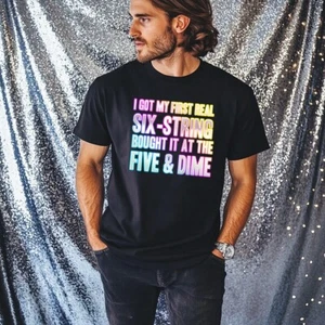Camiseta Verano De 69 Primera Real 6 Cuerdas Estampado Funky Vestido Elegante Fin De Semana Años 80 - Imagen 1 de 17