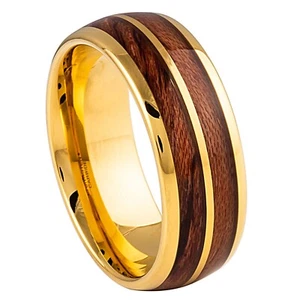 Yellow Gold IP 8mm Men's Tungsten Carbide Ring Split Koa Wood Inlay Wedding Band - Picture 1 of 4