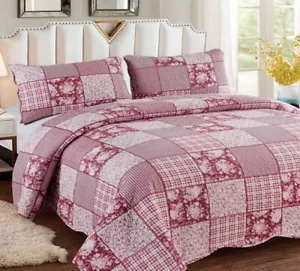 NATALIA RED PINK ROSES 3pc Queen QUILT SET : FARMHOUSE COUNTRY COTTAGE GINGHAM - Picture 1 of 5