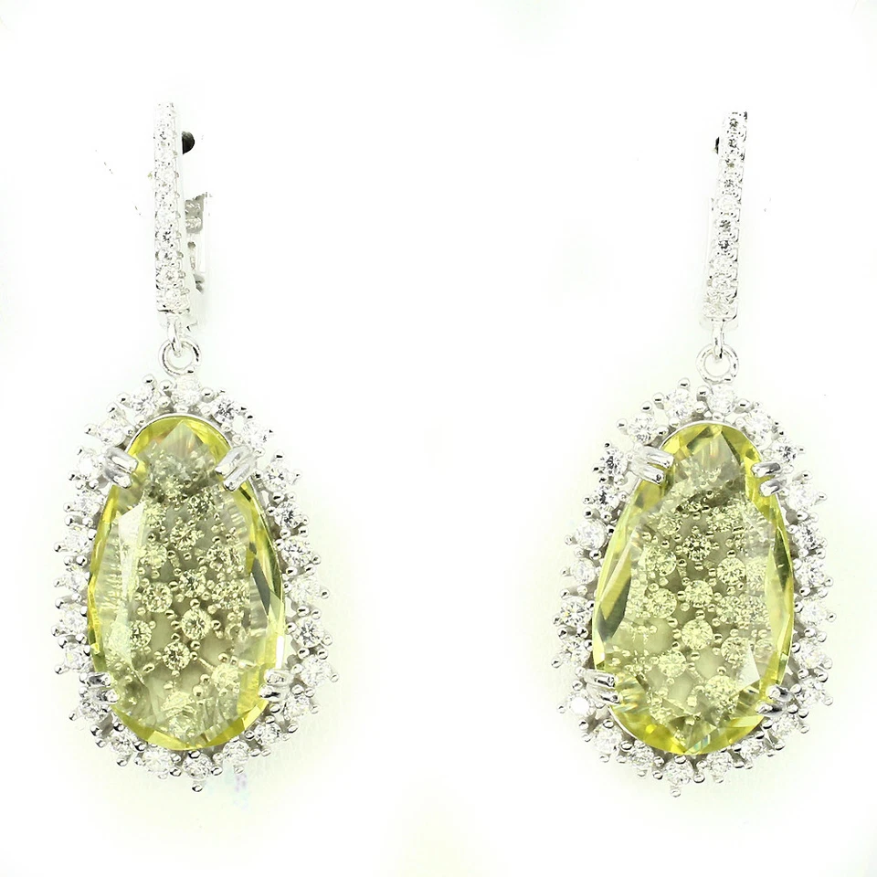 Natural 20x12mm Top Yellow Lemon Quartz ,W.Cz 925 Sterling Silver DROP Earrings - Image 1 of 3